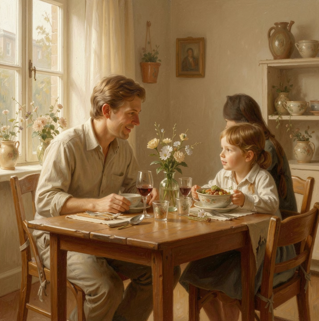 A warm family dinner conversation between parent and child